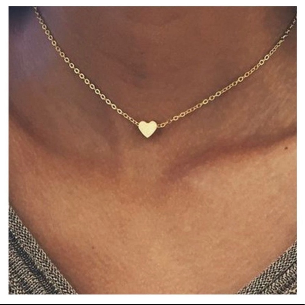 gold heart dainty 3-D choker necklace gold chain minimalist boho - Picture 2 of 3